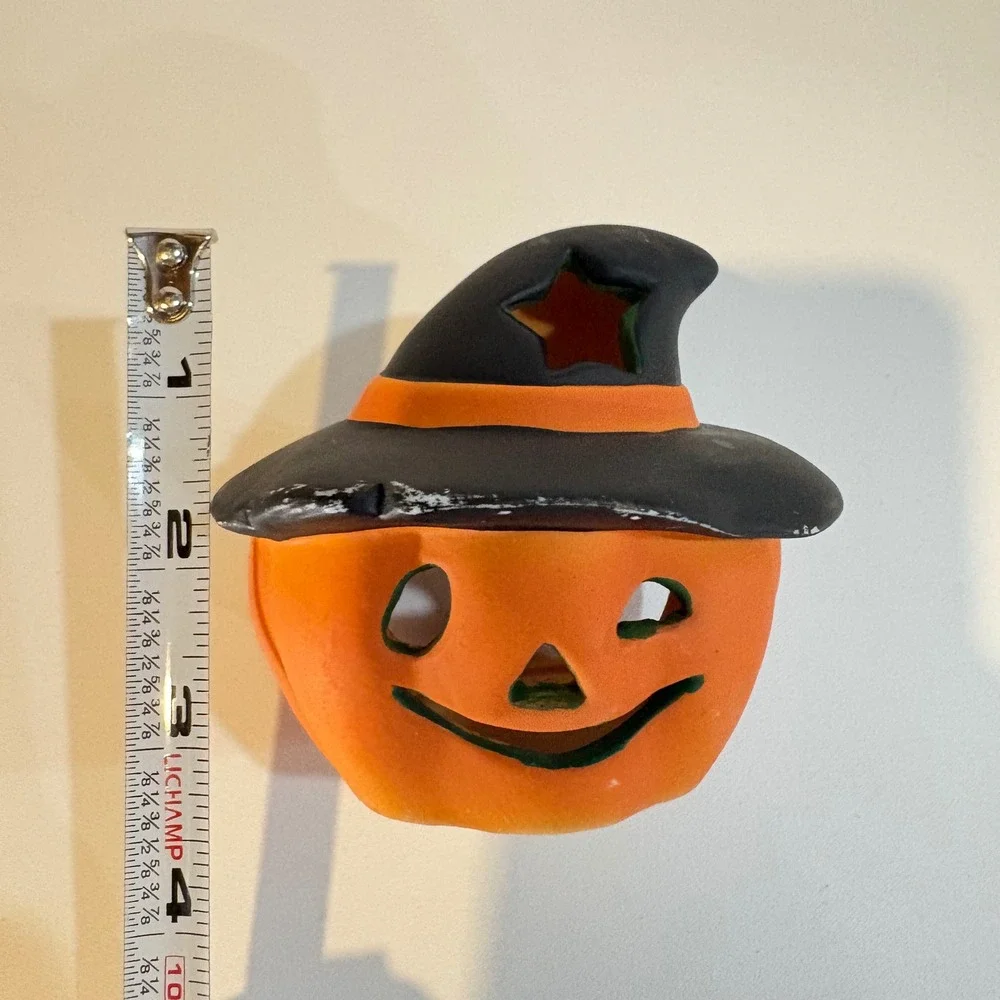 Vintage Ceramic Pumpkin Jack-O-Lantern Witch Hat Tea Light Candle Holder Orange